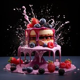 a cake with fruit on top and a splash of pink liquid