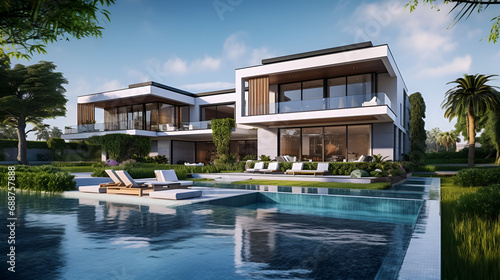 Wallpaper Mural Modern luxury villa with river and pool in front Torontodigital.ca