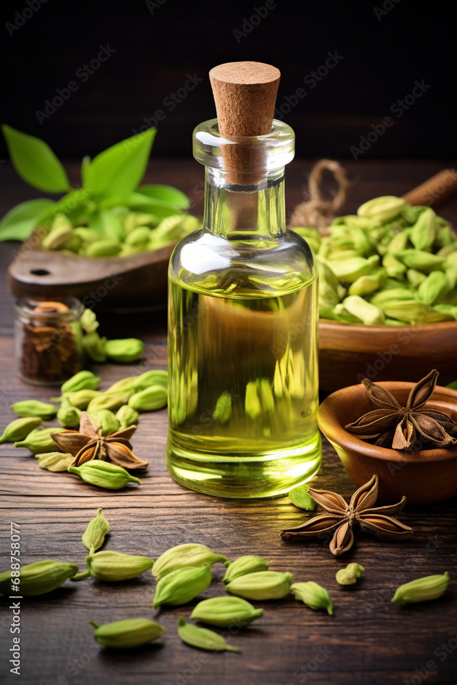 bottle, jars of cardamom essential oil extract . bottle, jars of cardamom essential oil extract .