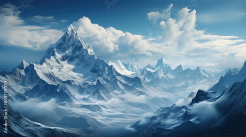 Mountain peaks rising above the clouds  signifying aspirational mountain vibe. AI generate