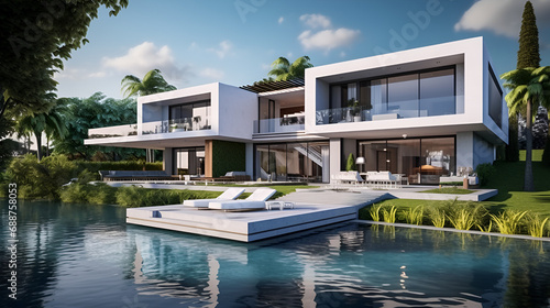 Modern luxury villa with river and pool in front