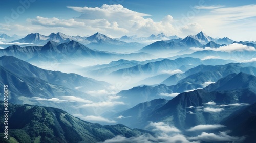 Mountain peaks rising above the clouds, signifying aspirational mountain vibe. AI generate © PandaStockArt