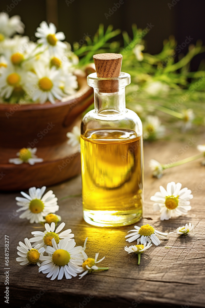 bottle, jars of chamomile essential oil extractor. bottle, jars of chamomile essential oil extractor.