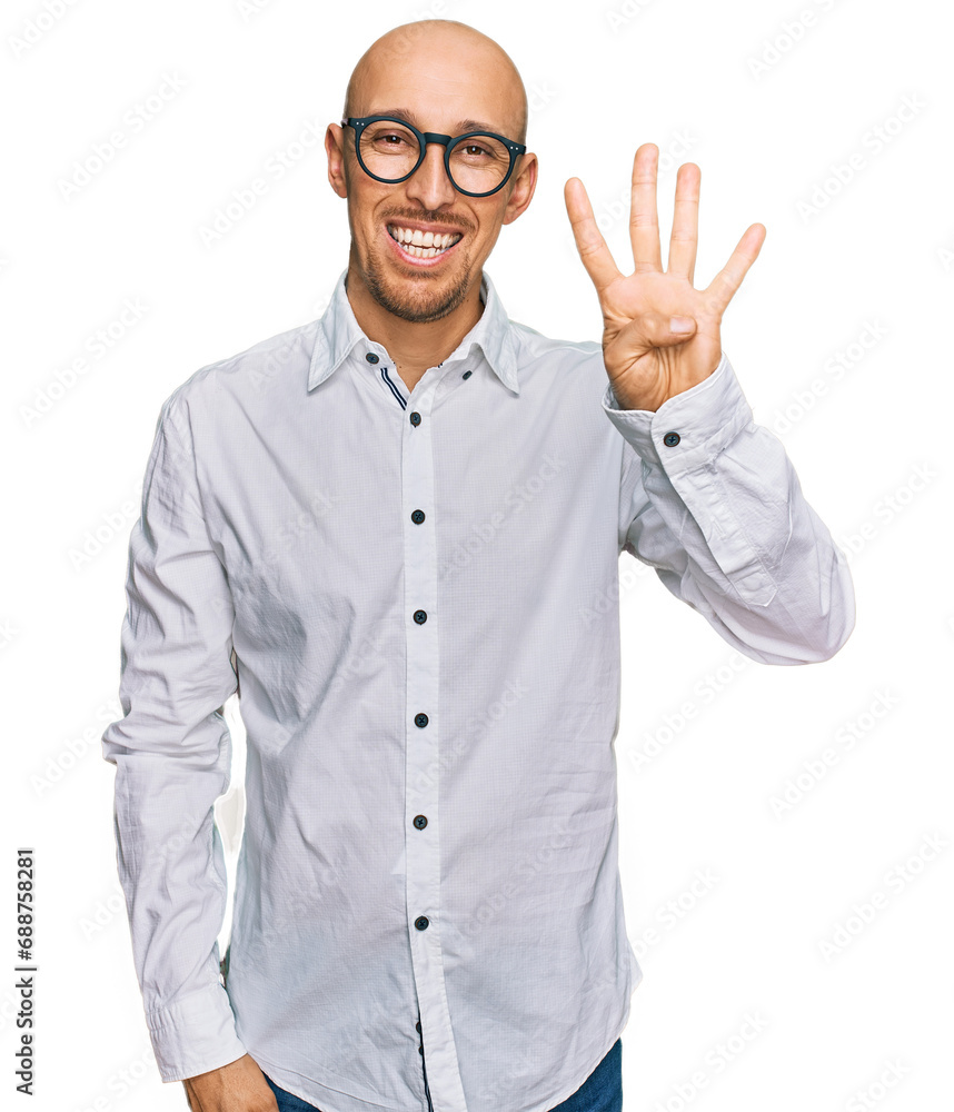 Bald man with beard wearing business shirt and glasses showing and pointing up with fingers number four while smiling confident and happy. Bald man with beard wearing business shirt and glasses showing and pointing up with fingers number four while smiling confident and happy.