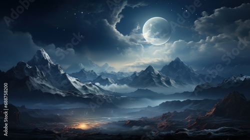 Mountains with a moonlit sky, conveying a peaceful and serene mountain vibe. AI generate