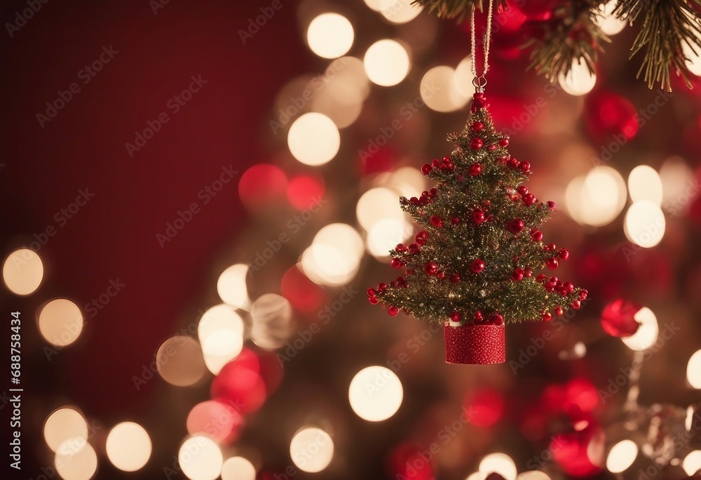 Christmas Tree With Ornament And Bokeh Lights In Red Background