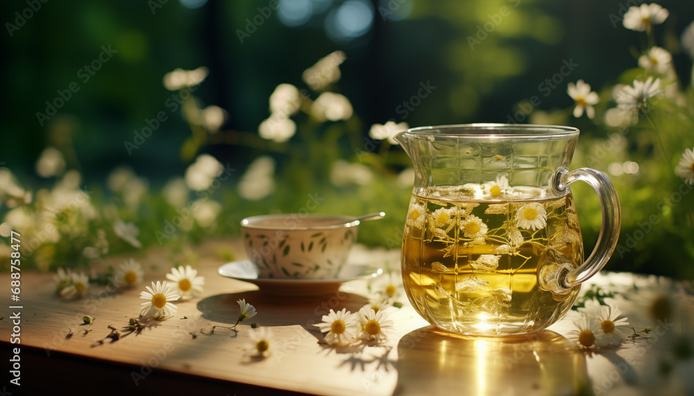 cup of chamomile tea on the table close-up with chamomile in the foreground in sunlight. background for chamomile tea. soothing tea. cup of chamomile tea on the table close-up with chamomile in the foreground in sunlight. background for chamomile tea. soothing tea.