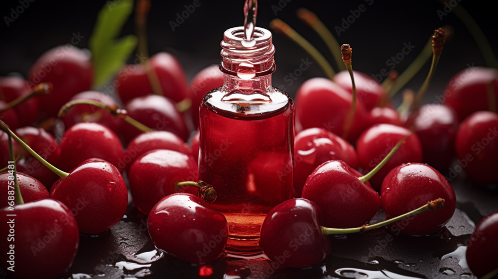 bottle, jars of cherry essential oil extract - obrazy, fototapety, plakaty 
