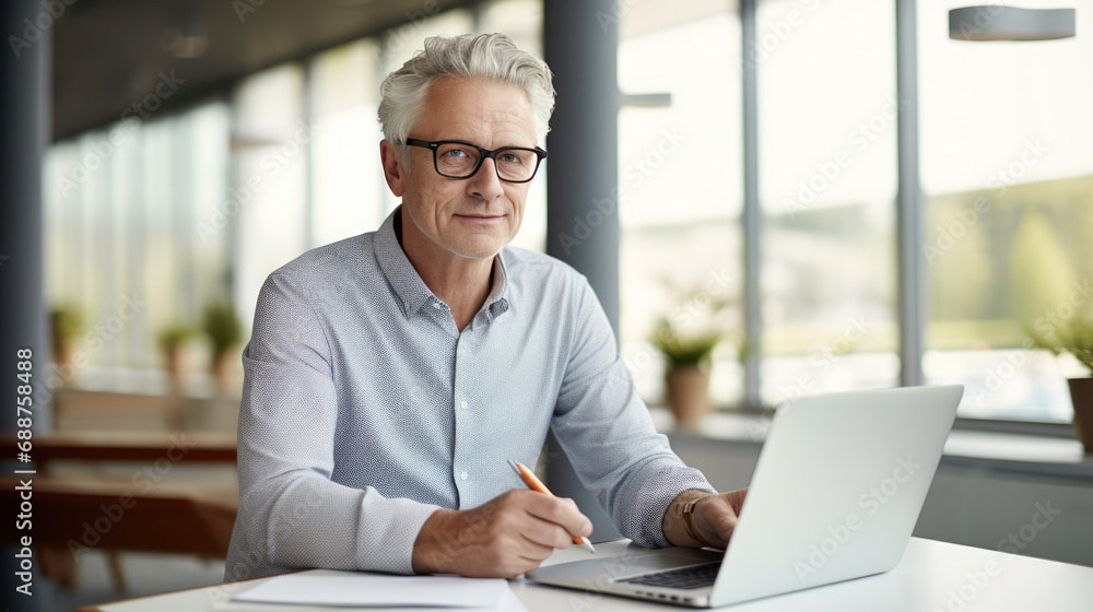 Middle aged man working on a laptop in his modern office Middle aged man working on a laptop in his modern office