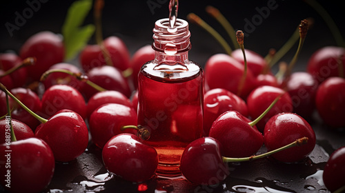 bottle, jars of cherry essential oil extract photo