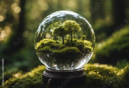 Crystal globe on moss in a forest - environment concept