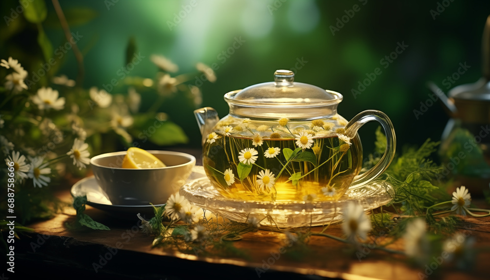 cup of chamomile tea on the table close-up with chamomile in the foreground in sunlight. background for chamomile tea. soothing tea. cup of chamomile tea on the table close-up with chamomile in the foreground in sunlight. background for chamomile tea. soothing tea.