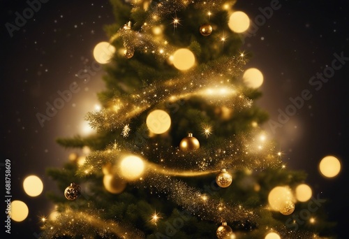 Golden Christmas Tree In Abstract Night