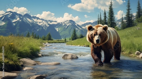 a bear is walking through a stream,