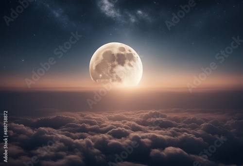 Romantic Moon In Starry Night Over Clouds