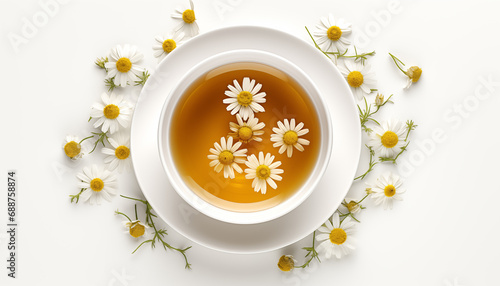 cup of chamomile tea on a white background close-up with chamomile in the foreground in sunlight. background for chamomile tea. soothing tea.