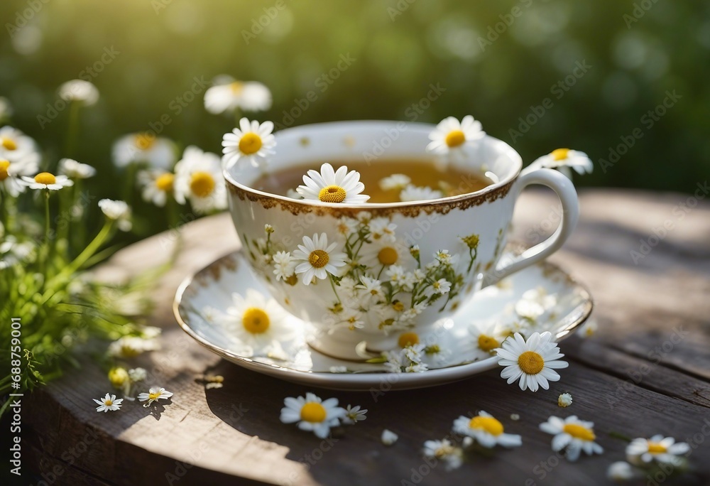 Spring - Chamomile Flowers In Teacup On Wooden Table In Garden Spring - Chamomile Flowers In Teacup On Wooden Table In Garden