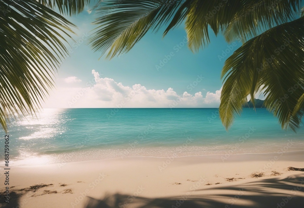 Sunny Tropical Beach With Palm Leaves And Paradise Island