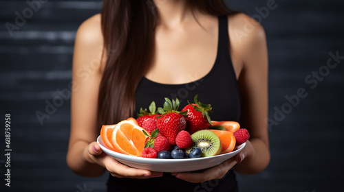 Fitness and healthy lifestyle concept. A woman is resting and holding a plate of fruit.
