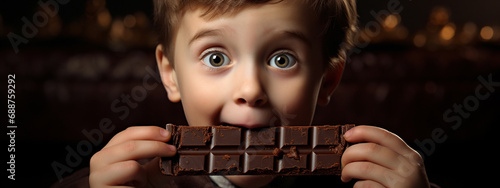 close-up portrait of a boy eating chocolate. the harm of sweets for the teeth. photo