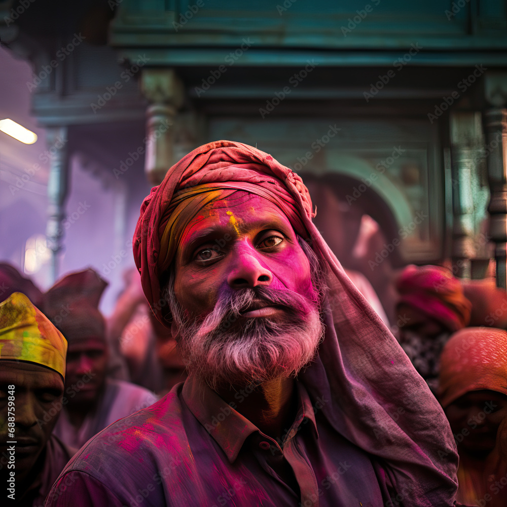 Close-up portrait of older Indian man during Holi festival celebrations