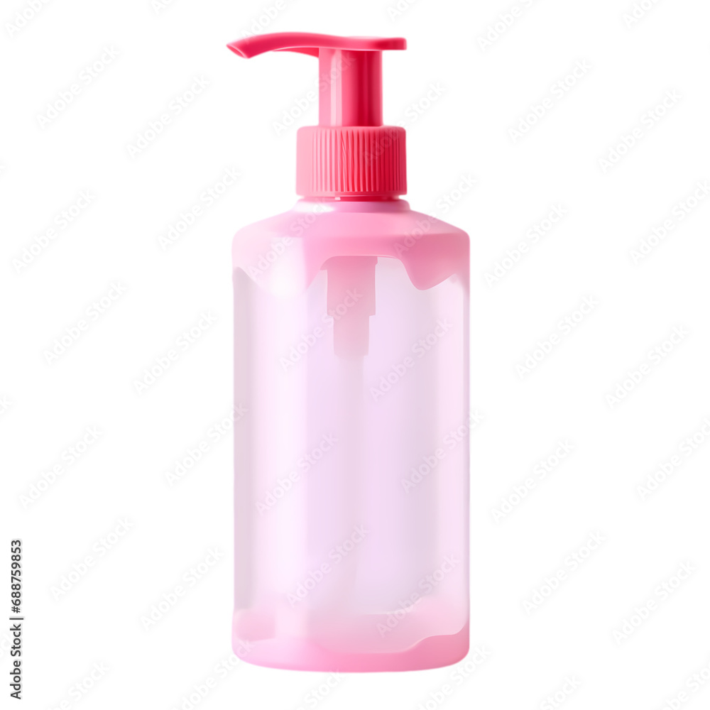 Front view of gel, foam or liquid soap dispenser pump pink plastic bottle isolated on transparent background Front view of gel, foam or liquid soap dispenser pump pink plastic bottle isolated on transparent background