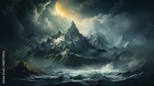 A mountains with clouds swirling around their peaks. AI generate illustration © PandaStockArt