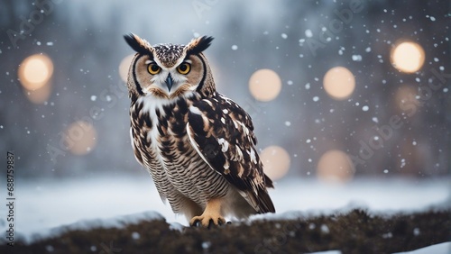 owl flying towards the camera in snowfall

 photo