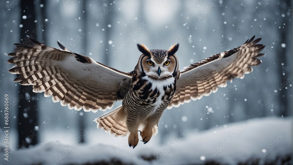 owl flying towards the camera in snowfall
owl flying towards the camera in snowfall