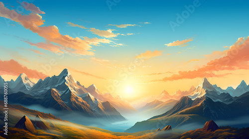 Hiking into the Sunset on Majestic Mountains A stunning landscape of rolling hills  a winding river  and lush green valleys A peaceful and tranquil view that will take your breath away. World Game Art