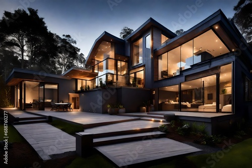 Twilight showcasing a modern home with integrated lighting design, creating a warm and inviting atmosphere.
