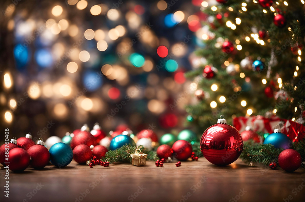 Festive left-side arrangement: Christmas tree, ornaments, and lights. Right-side boasts vibrant blurred bokeh background