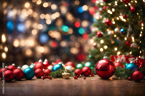 Festive left-side arrangement  Christmas tree  ornaments  and lights. Right-side boasts vibrant blurred bokeh background