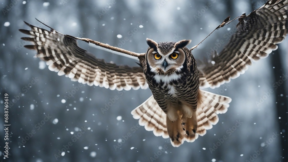 owl flying towards the camera in snowfall
owl flying towards the camera in snowfall