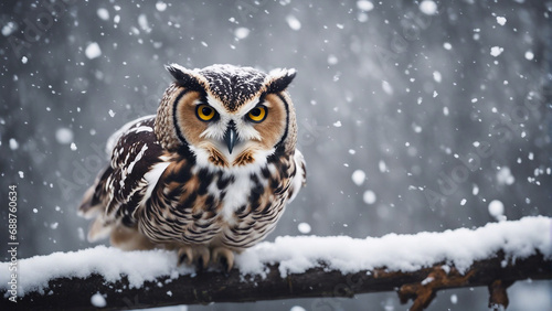 owl flying towards the camera in snowfall