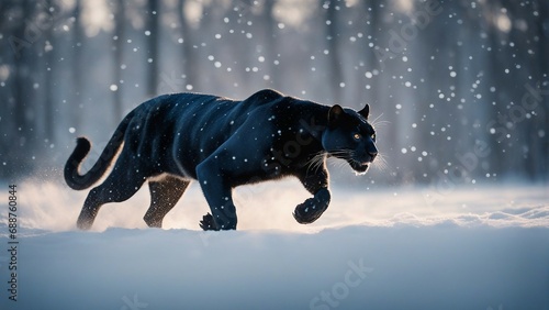 panther running towards the camera in snowfall   © abu