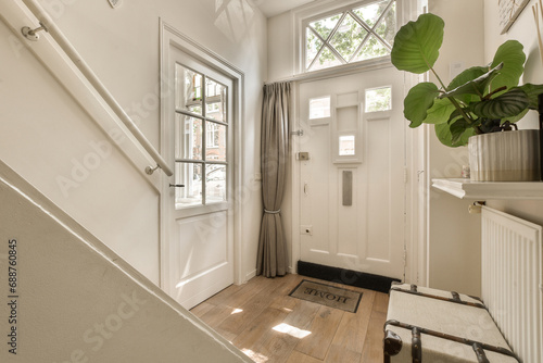 Entryway with closed white door and plant photo