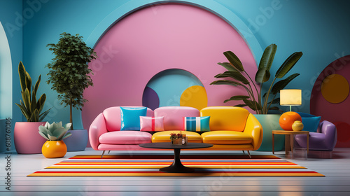 Interior of modern living room in style of 3D design 80s