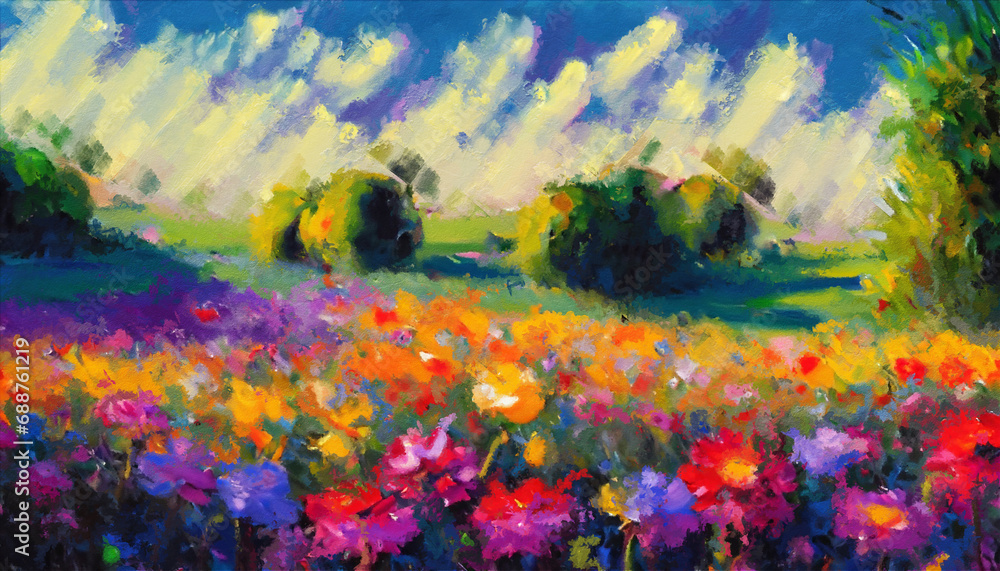 View of a Field Full of Colorful Flowers. Oil Painting Artwork