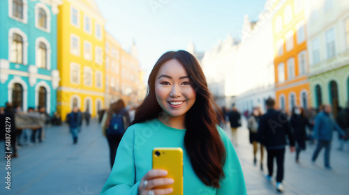 Generative AI image of young asian woman influencer using smartphone in city photo