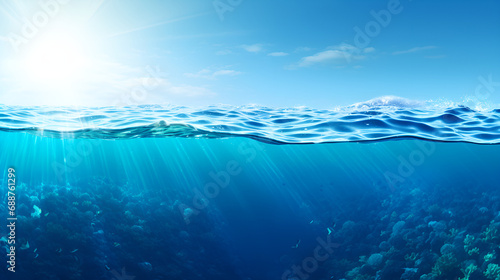 Underwater scene with sun rays and sea water surface. High quality photo,Split underwater view with sunny sky and serene sea, sun rays coming out of the water surface. Generated with AI © Abdul