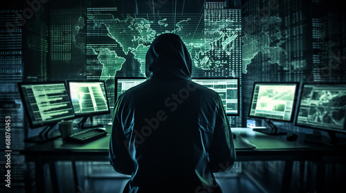 Computer hacker in hoodie.Data thief, internet fraud, darknet and cyber security concept.darknet photo