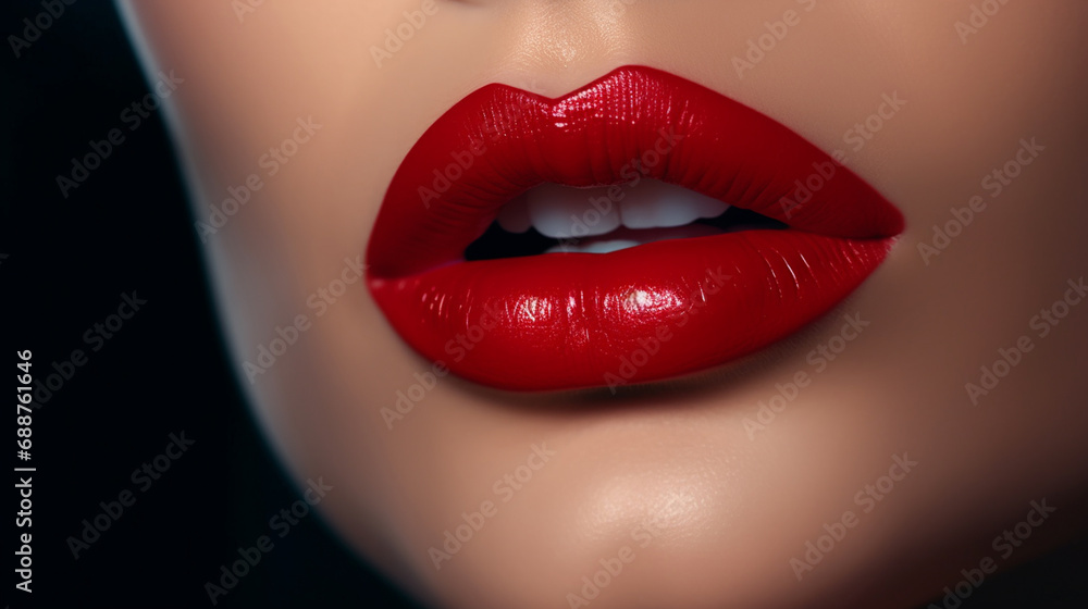 Lips painted with red color close up Lips painted with red color close up