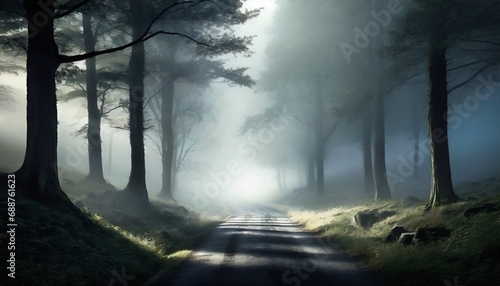 A foggy mountain road shrouded in mist