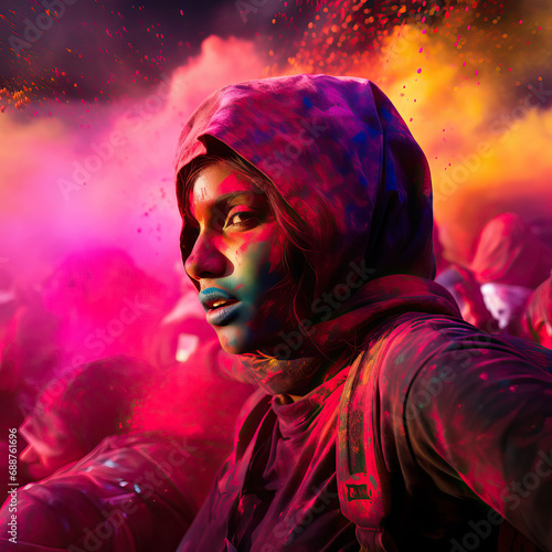 Holi's Fusion: A Technicolor Spectacle in a Futuristic Metropolis