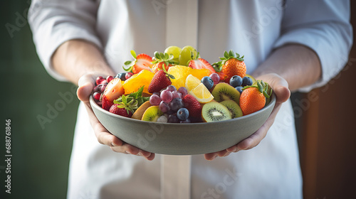 the doctor holds a plate with fresh vegetables  the concept of healthy eating