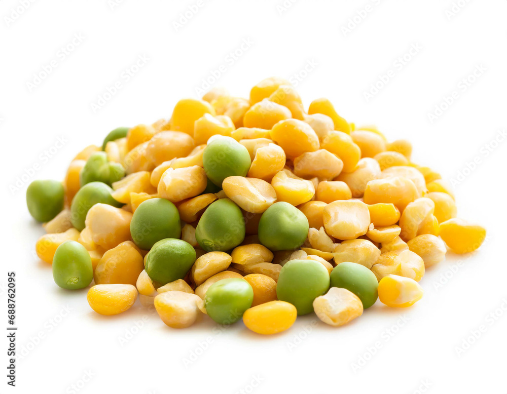 Green peas and Corn kernels isolated on white background, cutout Green peas and Corn kernels isolated on white background, cutout