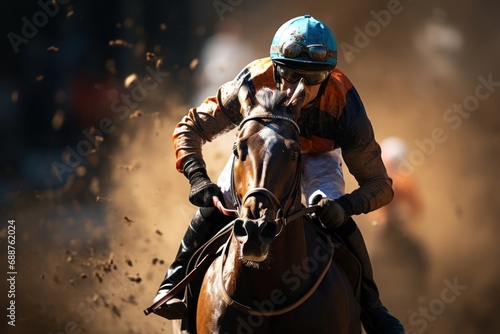 Man Riding a Brown Horse in a Thrilling Horse Race Generative AI © Johnathan