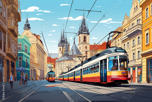 Beautiful architecture of Prague with colored trams