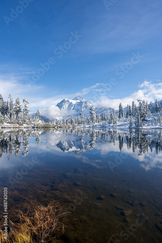 Dramatic Mt. Shuksan in October during an early snowfall